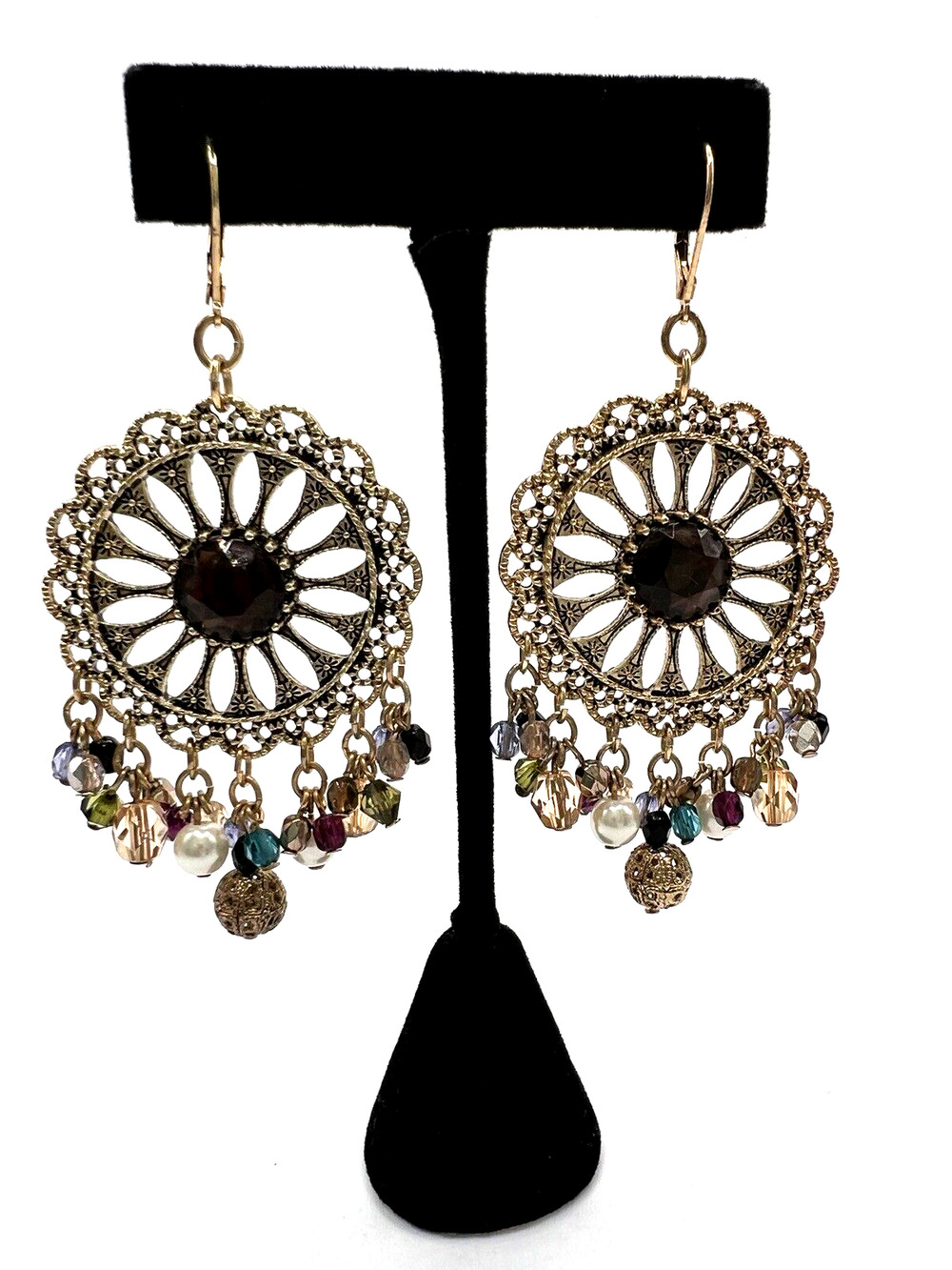 Amber & Gold Filigree Earrings Blue Crystal Faux Pearls Boho Hippie Long Dangle